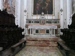 Erice, San Martino church, view of the choir and the paintings of Manno Stock Footage