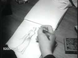 1935: MOSCOW, USSR, SOVIET UNION: Stack of fashion magazines, Harper's, Vogue, others. Unidentified male sketching at table, CU Male hand sketching evening gown. Woman looking at dresses, revolving rack. Model walking down stairs, women in chairs. Instructional Video
