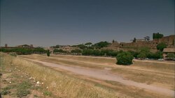 Rows of trees surround Rome's ancient Circus Maximus. Stock Footage