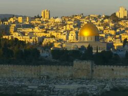 MS T/L Shot of Temple Mount unveiling with golden light from Mt. of olives with old city / Jerusalem, Judea, Israel Stock Footage