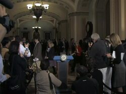MS ZI  Sen Harry Reid and other member  membercoming for  stand up press availability in  Ohio Clock Corridor Audio / Washington, DC, United States Stock Footage