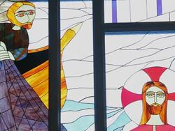  Stained glass with religious connotation in a church Stock Footage