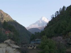 WS ZI Sherpa village Monjo with holy Mountain Khumbi Yul Lha peak / Monjo, Khumbu Region, Nepal Stock Footage