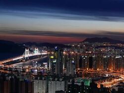 WS T/L View of haeundae Centum City Area and residential district at sunset / Busan, South Korea Stock Footage