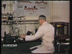 1950: FIRESTONE RESEARCH LABORATORY: COLOR: WS Male scientist, chemist, in lab looking through microscope. MS Element chart on wall of different types of synthetic rubber. MCU Element 'GR-S' aka GRS (Government Rubber Styrene). Instructional Video