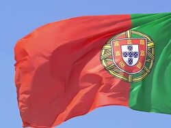 MS SLO MO Shot of Portuguese Flag Waving in Wind / Caen, Normandy, France Stock Footage