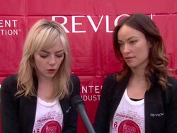 INTERVIEW - Emma Stone and Olivia Wilde talk about how they enjoy hosting this event, Wilde says she participated in the past without hosting, Stone and Wilde talk about the money raised going to different programs a16th Annual EIF Revlon Run/Walk Stock Footage