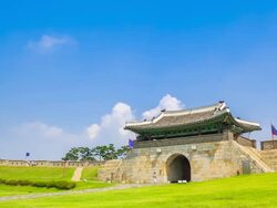 View of Changnyongmun(gate) and lawn of Suwonseong castle (Unesco Heritage) Stock Footage