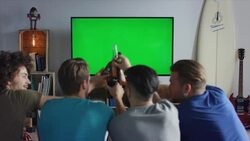 Guys sitting on couch watching tv and clinking bottles Stock Footage