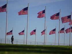A static shot of three people running by a circle of flags in Washington DC. Stock Footage