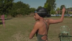 Alice Dearing preparing to swim in a Large Lake News Clip