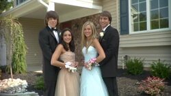 MS, Two young couples in prom attire posing in front of house, portrait, Edison, New Jersey, USA Stock Footage