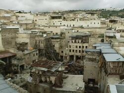 WS PAN View of overlooking Medina's tannery / Fez, Fes-Boulemane, Morocco Stock Footage