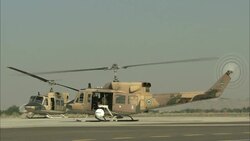 The rotor spins on a helicopter at a military base in Saudi Arabia. Stock Footage