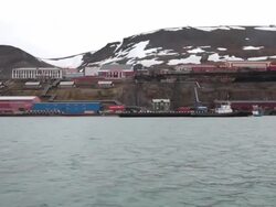 Approaching Barentsburg, second largest settlement on Svalbard archipelago Stock Footage