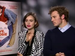 INTERVIEW - Lily Collins, Sam Claflin on being drunk in love, love through friendship, their characters perfect match and true love at 'Love, Rosie' Interviews Stock Footage