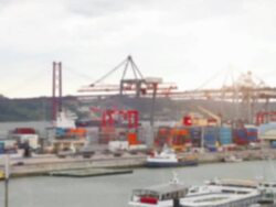 Cargo containers at commercial dock Stock Footage