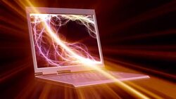 Light beams surround a laptop computer with whimsical rays of light rotating on the screen. Stock Footage