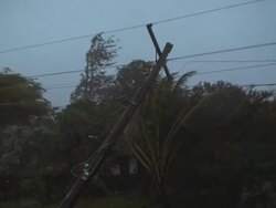 Power pole leaning dangerously in strong winds, 3rd October 2009, near Pamplona, typhoon Parma Stock Footage
