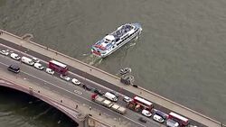 Aerials of Fishing for Leave and Vote Remain EU Referendum Campaign Boats on the River Thames News Clip