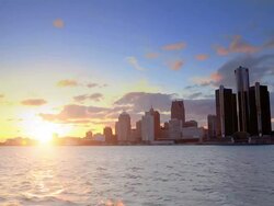 Skyline of Detroit, MI during sunset Stock Footage
