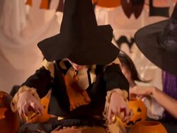 HD DOLLY: Scarecrow Pretend To Be Snarling Vampire Stock Footage