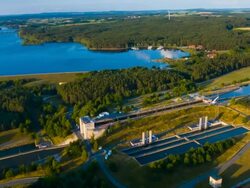 Aerial flight over ship lock on the Main Danube canal Stock Footage