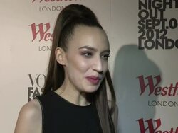 INTERVIEW: Lizzy Jagger on comparing London and New York Fashion Weeks at Vogue Fashion Night Out at Westfield on September 06, 2012 in London, England (Footage by WireImage Video/Getty Images) Stock Footage