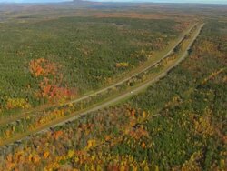 WS AERIAL ZI View of traffic moving on road through wooded area with autumn color at Howland / Maine, United States Stock Footage