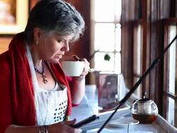 MS Owner of restaurant working on her tablet / Santa Fe, New Mexico, United States Stock Footage