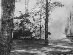 Prohibition workers destroy illegal alcohol still in the woods Stock Footage