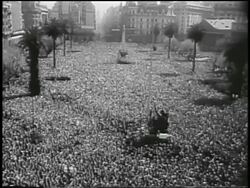 B/W 1955 high angle wide shot huge crowd in plaza after overthrowing of Juan Peron / Buenos Aires / newsreel Stock Footage