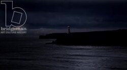 Static shot of a lighthouse and lightning over the ocean by night Stock Footage