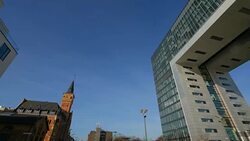 Crane Houses at Rheinau Harbour, Cologne, North Rhine-Westphalia, Germany Stock Footage