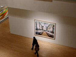 WS Visitors walking in art museum exhibiting modern paintings / Phoenix, Arizona, USA Stock Footage