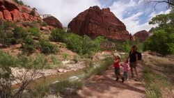 Mother hikes with her young son and daughter on a dusty trail next to a river in Zion National Park Stock Footage