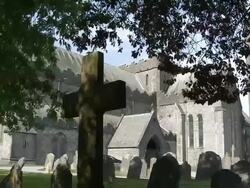 MS St. Canice's cathedral with graveyard behind branches / Kilkenny, County Kilkenny, Ireland Stock Footage