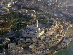 Aerial the old city of Jaffa and the skyline of Tel Aviv, Jaffa, Israel Stock Footage