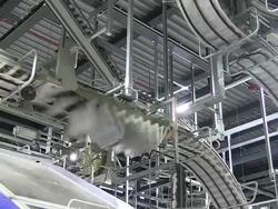 MS PAN Shot of conveyer belts at newspaper printing office / Russelheim, Hesse, Germany Stock Footage
