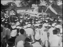 B/W 1930 crowd with flags fighting at demonstration against British rule / Bombay, India / newsreel Stock Footage