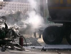 Firefighters, fire trucks on emergency site. Rescue mission, highway accident. Stock Footage