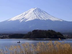 Mt Fuji behind a boat and grass Stock Footage
