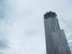 WS TD Swissotel Tower with rotating restaurant and Conservatorium of Music 'Dom Muziki' / Moscow, Russia Stock Footage