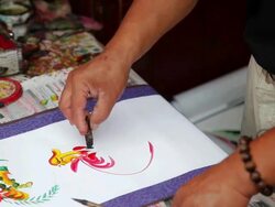 CU Shot of artist drawing painting in street market / Tianjin, China Stock Footage