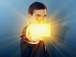 Businessman with luminescent business card Stock Footage