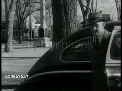 1948: NORTHERN U.S. SMALL TOWN: DRAMATIZATION: Middle-aged father arriving at church w/ bride-to-be daughter in late model limousine, father helping daughter out of car. Wedding. Instructional Video