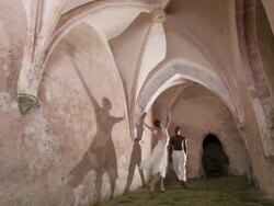 HD DOLLY: Dancing Ballet Shadows In Castle Hallway Stock Footage