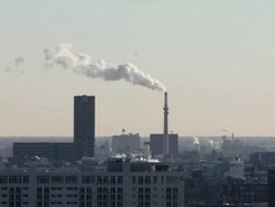 WS View of factory smoke stacks producing steam / Chicago, Illinois, USA Stock Footage