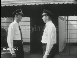 MOT 1948: WASHINGTON, D.C.: THE WHITE HOUSE: WS Mansion south side (w/ Truman balcony finished) lawn & fountain rising FG. VS Security working, two males in uniform talking outside (No SOT), guard checking identification, allowing car to pass through gate Instructional Video