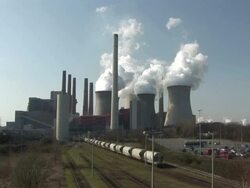 WS Smoke stacks of  nuclear power plant / Niederaubem, North Rhine- Westphalia, Germany Stock Footage